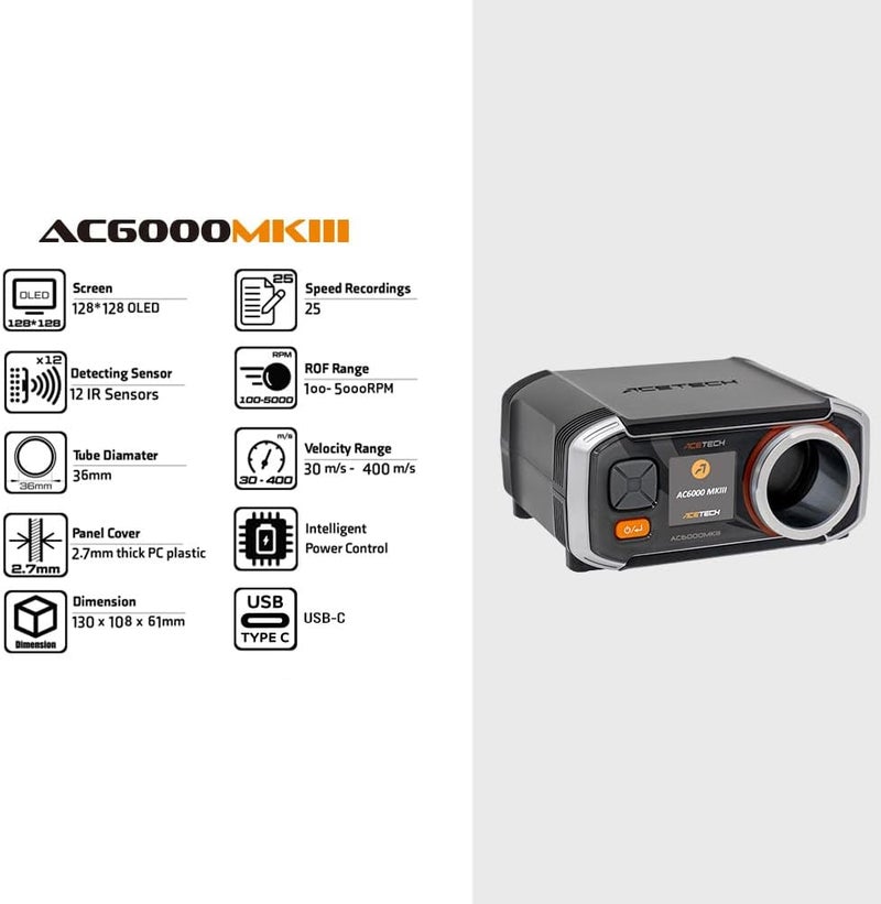 ACETECH Airsoft Chronograph AC6000MKIII 30 to 400 m/s Measurement Shooting Speed Tester Chrono with Colorful LCD Display for 4.5mm/6mm/8mm/9mm BB - Image 3